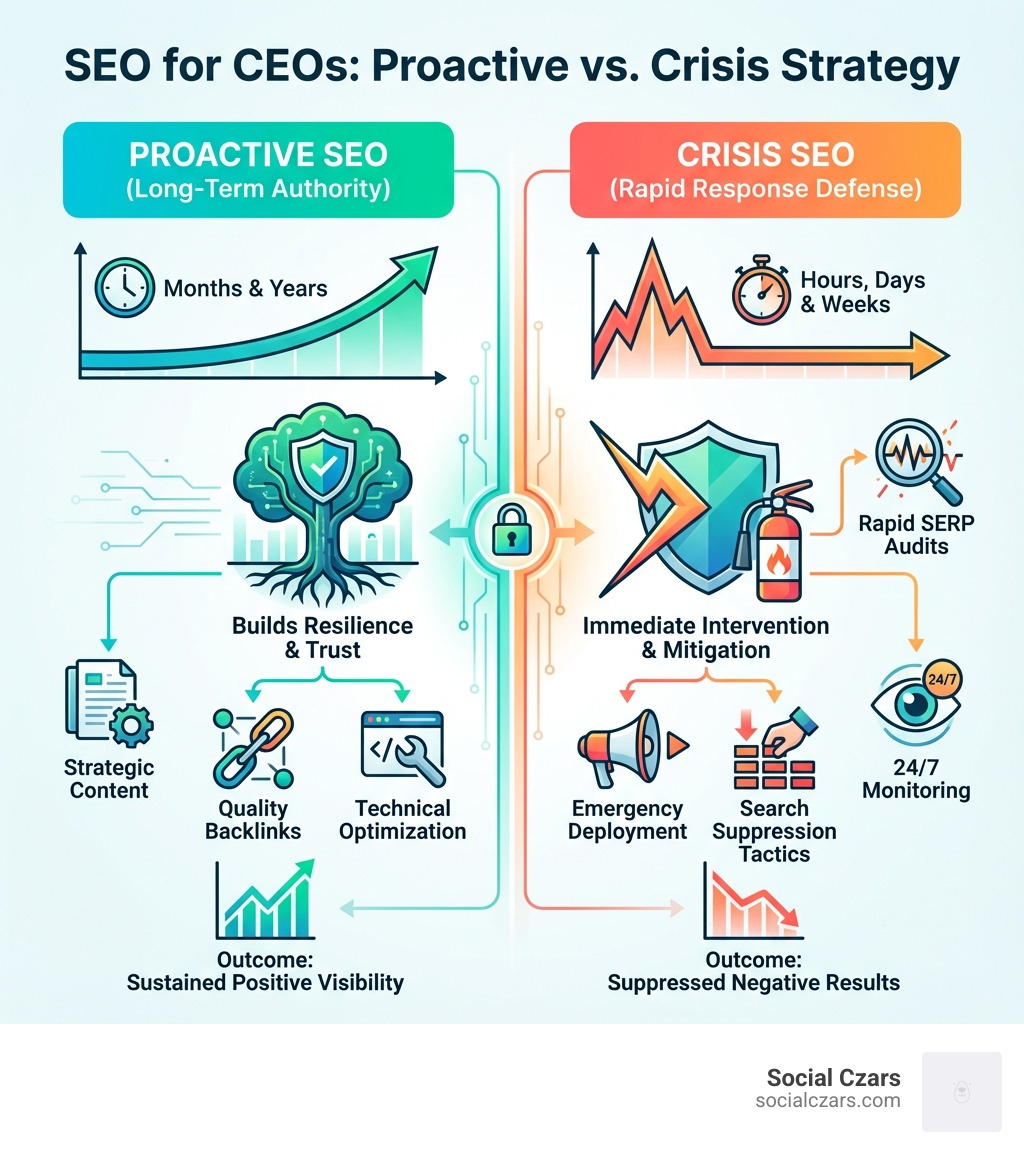 Infographic showing the difference between proactive SEO and crisis SEO - Top 10 Crisis SEO Firms for CEOs infographic 