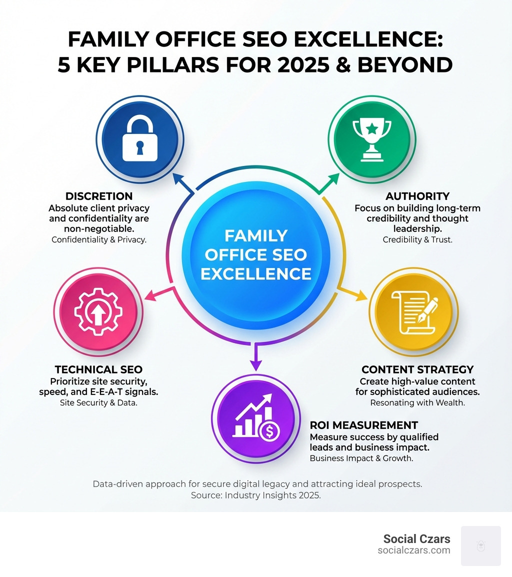 Infographic showing the 5 pillars of family office SEO: a central circle labeled "Family Office SEO Excellence" with five connected elements - Discretion (lock icon), Authority (trophy icon), Content Strategy (document icon), Technical SEO (gear icon), and ROI Measurement (graph icon) - Top 5 SEO Firms for Family Offices infographic 