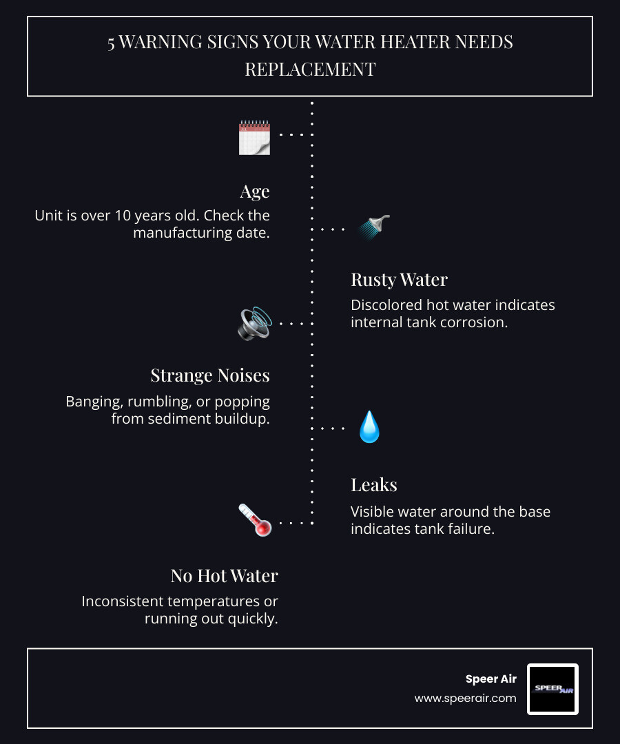 Infographic showing 5 warning signs your water heater needs replacement: 1. Age over 10 years with manufacturing date label, 2. Rusty or discolored water coming from tap, 3. Strange banging or popping noises from unit, 4. Visible leaks or moisture around base, 5. Inconsistent water temperature or running out of hot water quickly - water heater replacement in rockaway nj infographic infographic-line-5-steps-dark Infographic showing 5 warning signs your water heater needs replacement: 1. Age over 10 years with manufacturing date label, 2. Rusty or discolored water coming from tap, 3. Strange banging or popping noises from unit, 4. Visible leaks or moisture around base, 5. Inconsistent water temperature or running out of hot water quickly - water heater replacement in rockaway nj infographic infographic-line-5-steps-dark