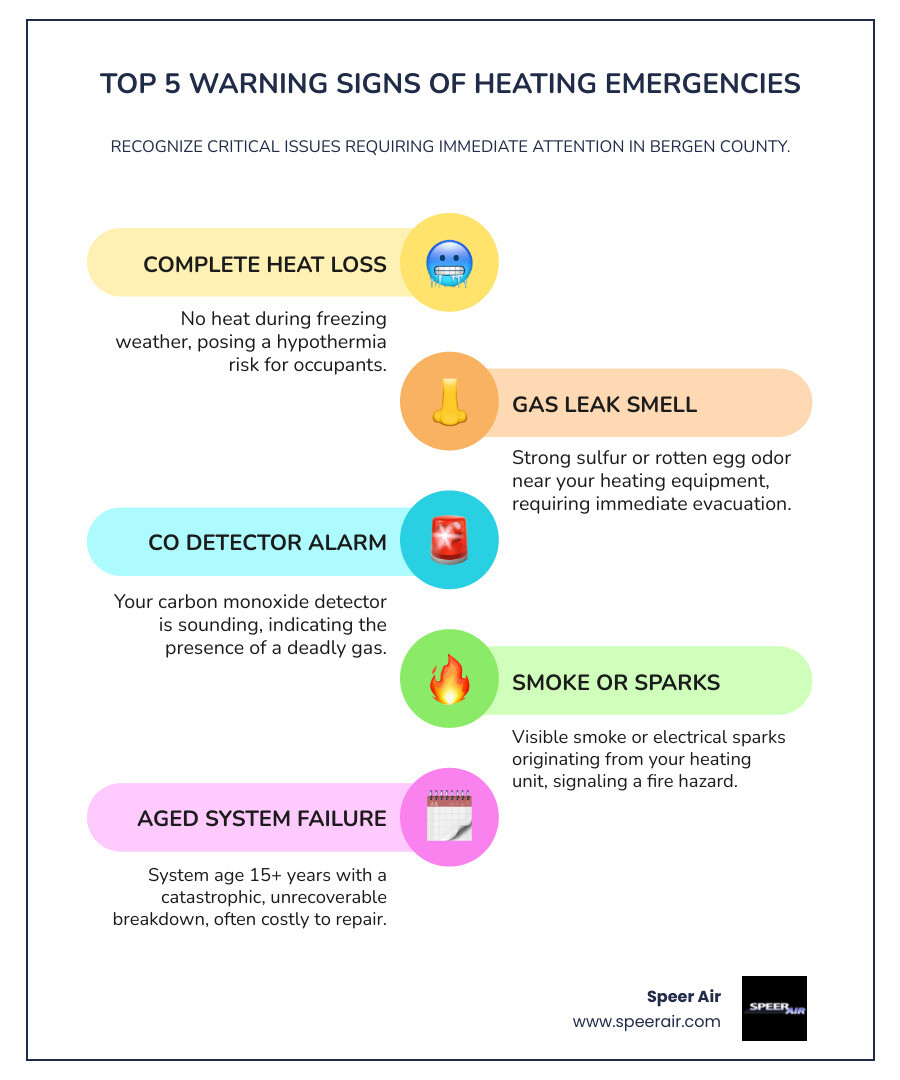 Infographic showing the top 5 warning signs of heating emergencies: 1) No heat with outdoor temperatures below freezing, 2) Strong gas odor near heating equipment, 3) Carbon monoxide detector sounding, 4) Visible smoke or electrical sparks from unit, 5) System age over 15 years with complete failure - emergency heating replacement in bergen county, nj infographic infographic-line-5-steps-colors Infographic showing the top 5 warning signs of heating emergencies: 1) No heat with outdoor temperatures below freezing, 2) Strong gas odor near heating equipment, 3) Carbon monoxide detector sounding, 4) Visible smoke or electrical sparks from unit, 5) System age over 15 years with complete failure - emergency heating replacement in bergen county, nj infographic infographic-line-5-steps-colors
