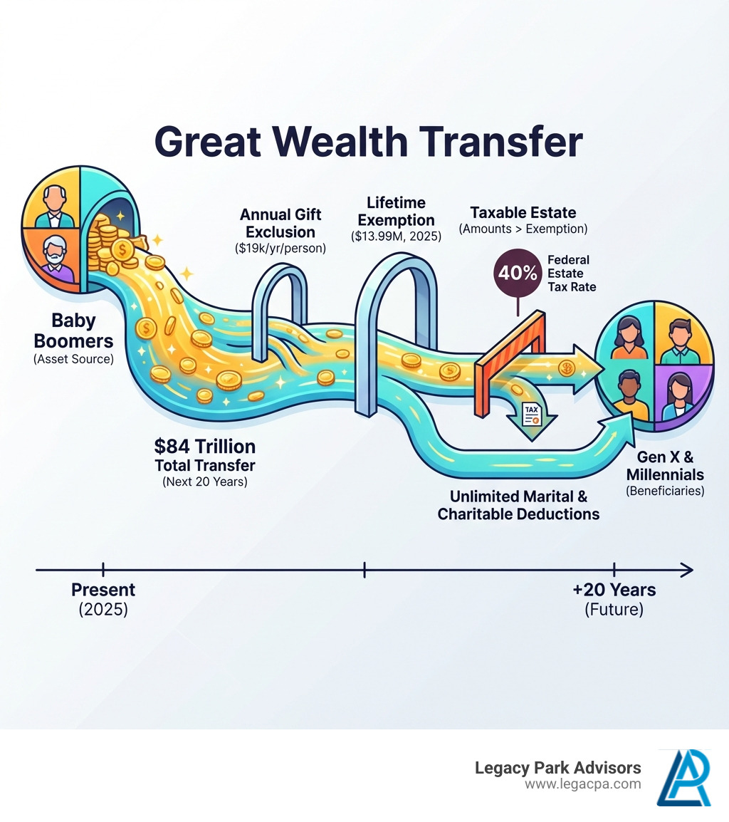 infographic showing $84 trillion wealth transfer timeline over next 20 years, breaking down Baby Boomer assets transferring to Gen X and Millennials, with key statistics on exemption amounts and tax rates - family wealth transfer infographic infographic showing $84 trillion wealth transfer timeline over next 20 years, breaking down Baby Boomer assets transferring to Gen X and Millennials, with key statistics on exemption amounts and tax rates - family wealth transfer infographic