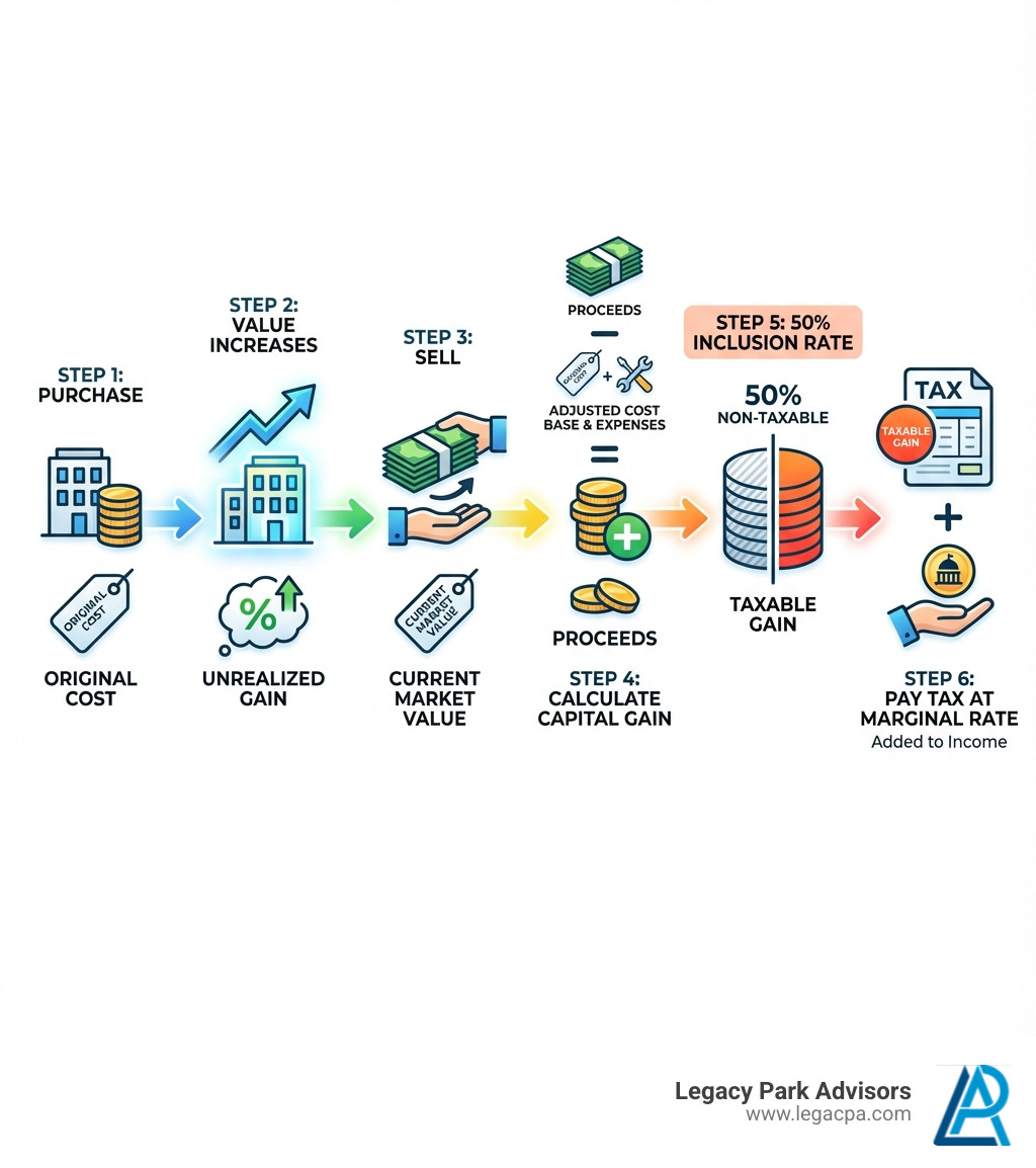 Infographic showing the capital gains lifecycle: Step 1 - Purchase an asset at original cost; Step 2 - Asset increases in value over time (unrealized gain); Step 3 - Sell the asset at current market value; Step 4 - Calculate capital gain (proceeds minus adjusted cost base and expenses); Step 5 - Apply 50% inclusion rate to determine taxable gain; Step 6 - Add taxable gain to income and pay tax at marginal rate - capital gains tax infographic Infographic showing the capital gains lifecycle: Step 1 - Purchase an asset at original cost; Step 2 - Asset increases in value over time (unrealized gain); Step 3 - Sell the asset at current market value; Step 4 - Calculate capital gain (proceeds minus adjusted cost base and expenses); Step 5 - Apply 50% inclusion rate to determine taxable gain; Step 6 - Add taxable gain to income and pay tax at marginal rate - capital gains tax infographic