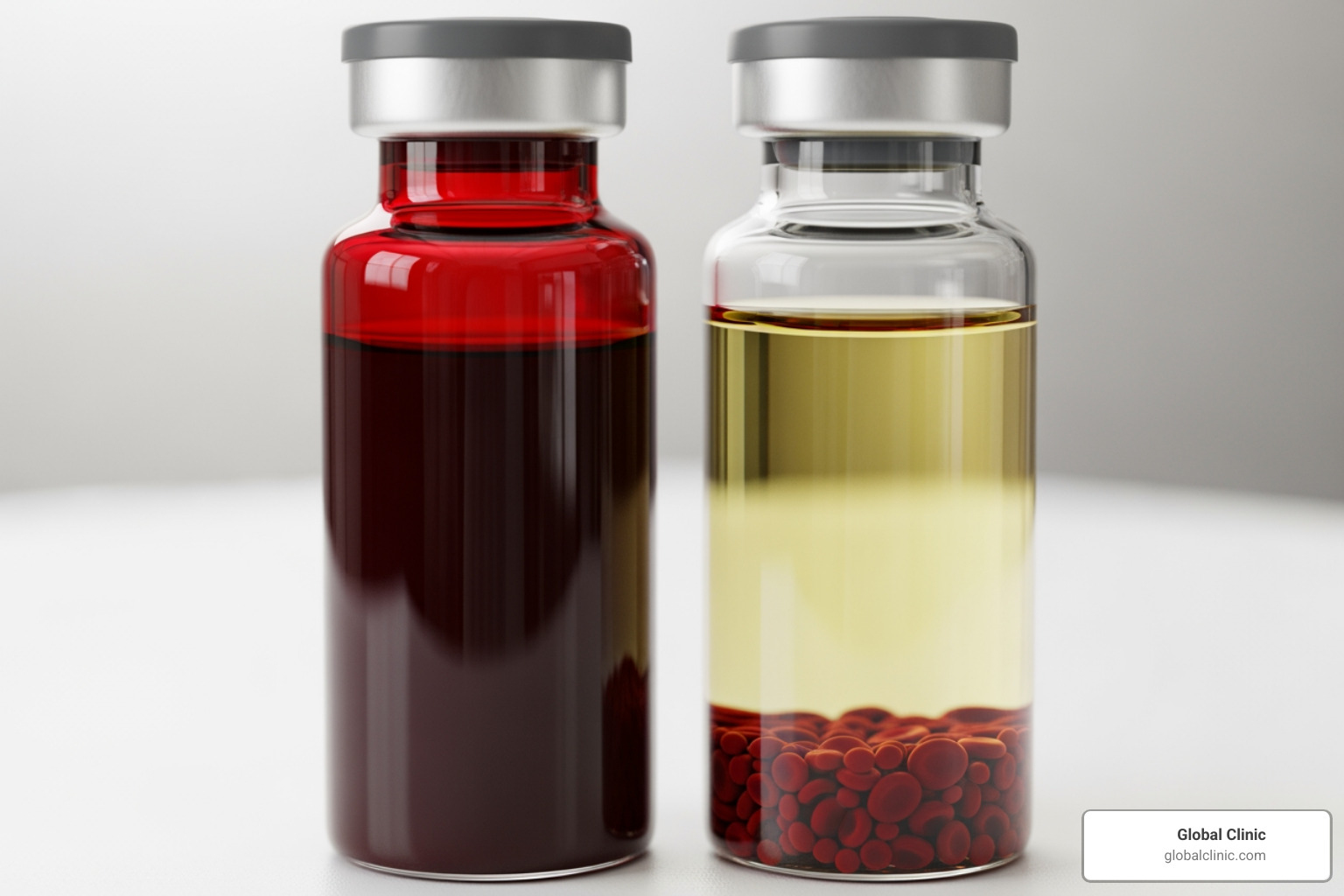 vial of prepared PRP next to a vial of whole blood - injection for platelets