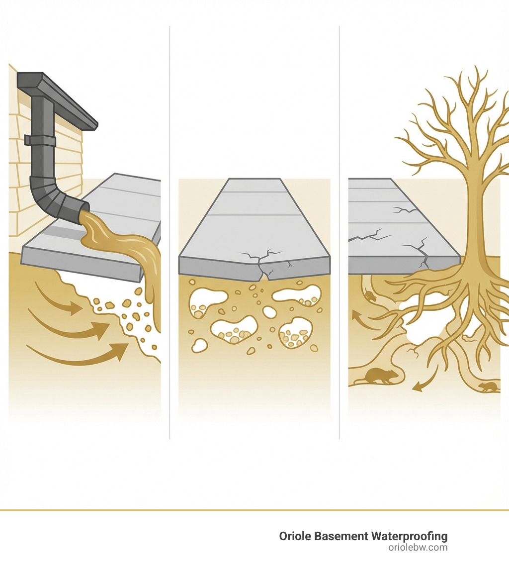 infographic showing three main causes of concrete settling: on the left, water erosion washing away soil beneath a slab with downspout directing water toward foundation; in the center, poorly compacted fill soil with air pockets beneath new concrete; on the right, tree roots and animal burrows creating voids under a walkway - concrete settling repair infographic 