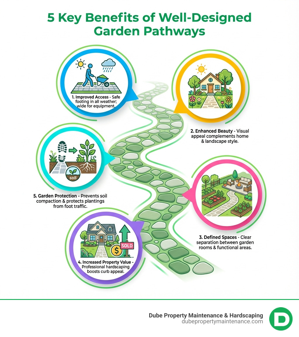 infographic showing the 5 key benefits of well-designed garden pathways: 1. Improved Access - safe footing in all weather with proper width for equipment, 2. Enhanced Beauty - visual appeal that complements your home and landscape style, 3. Defined Spaces - clear separation between garden rooms and functional areas, 4. Increased Property Value - professional hardscaping that boosts curb appeal, 5. Garden Protection - prevents soil compaction and protects plantings from foot traffic - gardening pathways infographic 