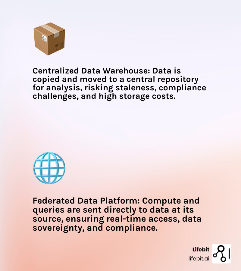 Infographic comparing centralized data warehouse architecture (data moves to central compute) versus federated data platform architecture (compute moves to data at source). Left side shows multiple data sources with arrows pointing to a central warehouse, then to analytics. Right side shows data sources remaining in place with a federation layer sending queries to each source and aggregating results—highlighting data sovereignty, real-time access, reduced latency, and compliance benefits. - federated data platform infographic 2_facts_emoji_light-gradient Infographic comparing centralized data warehouse architecture (data moves to central compute) versus federated data platform architecture (compute moves to data at source). Left side shows multiple data sources with arrows pointing to a central warehouse, then to analytics. Right side shows data sources remaining in place with a federation layer sending queries to each source and aggregating results—highlighting data sovereignty, real-time access, reduced latency, and compliance benefits. - federated data platform infographic 2_facts_emoji_light-gradient