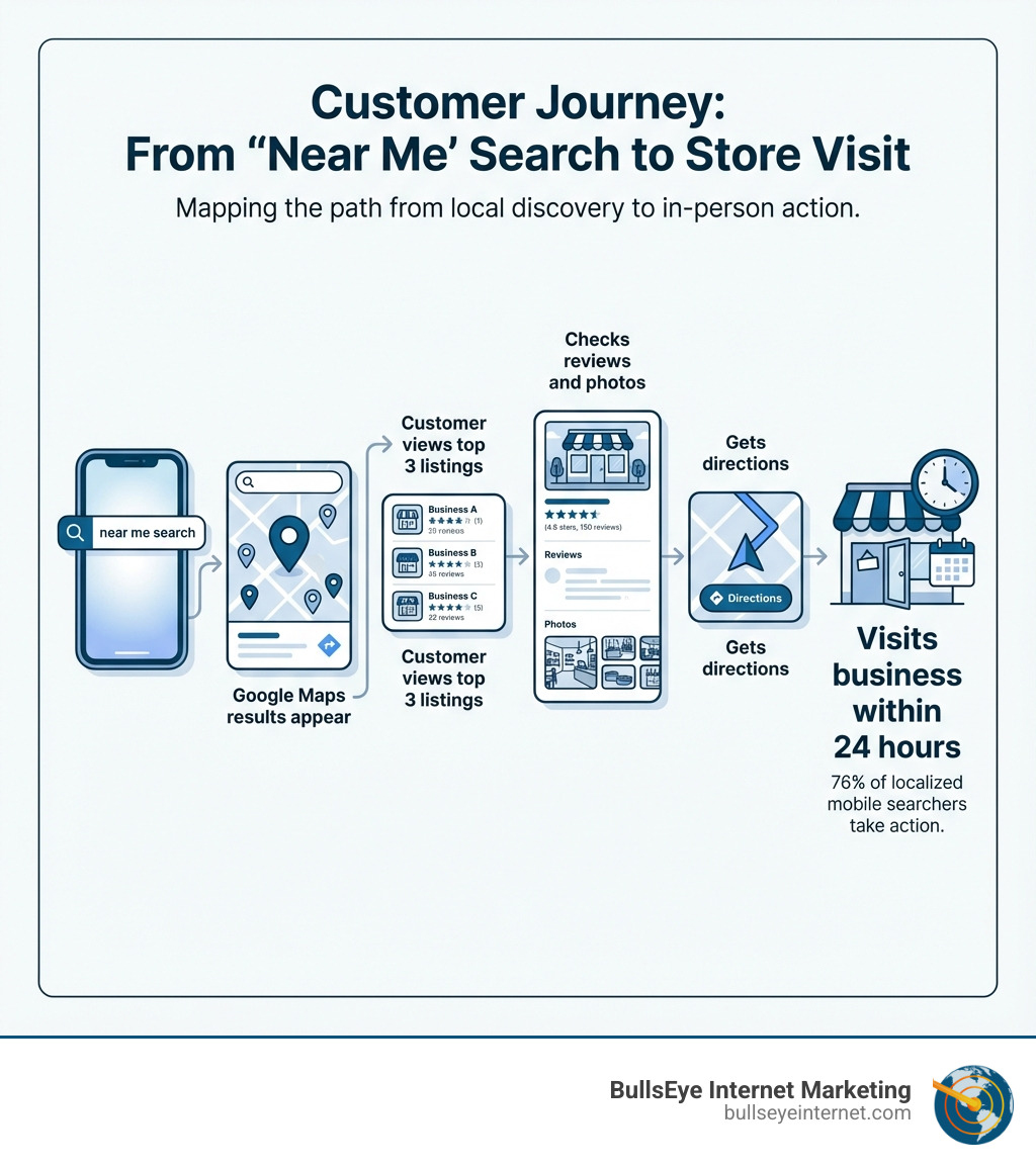 Infographic showing the customer journey from a near me search to a store visit, including steps: mobile search, Google Maps results appear, customer views top 3 listings, checks reviews and photos, gets directions, visits business within 24 hours - free gmb rank checker infographic Customer journey infographic illustrating the process from "near me" search to store visit, featuring smartphone search, Google Maps results, top business listings, reviews, directions, and in-person visit statistics, emphasizing local SEO and GMB optimization.
