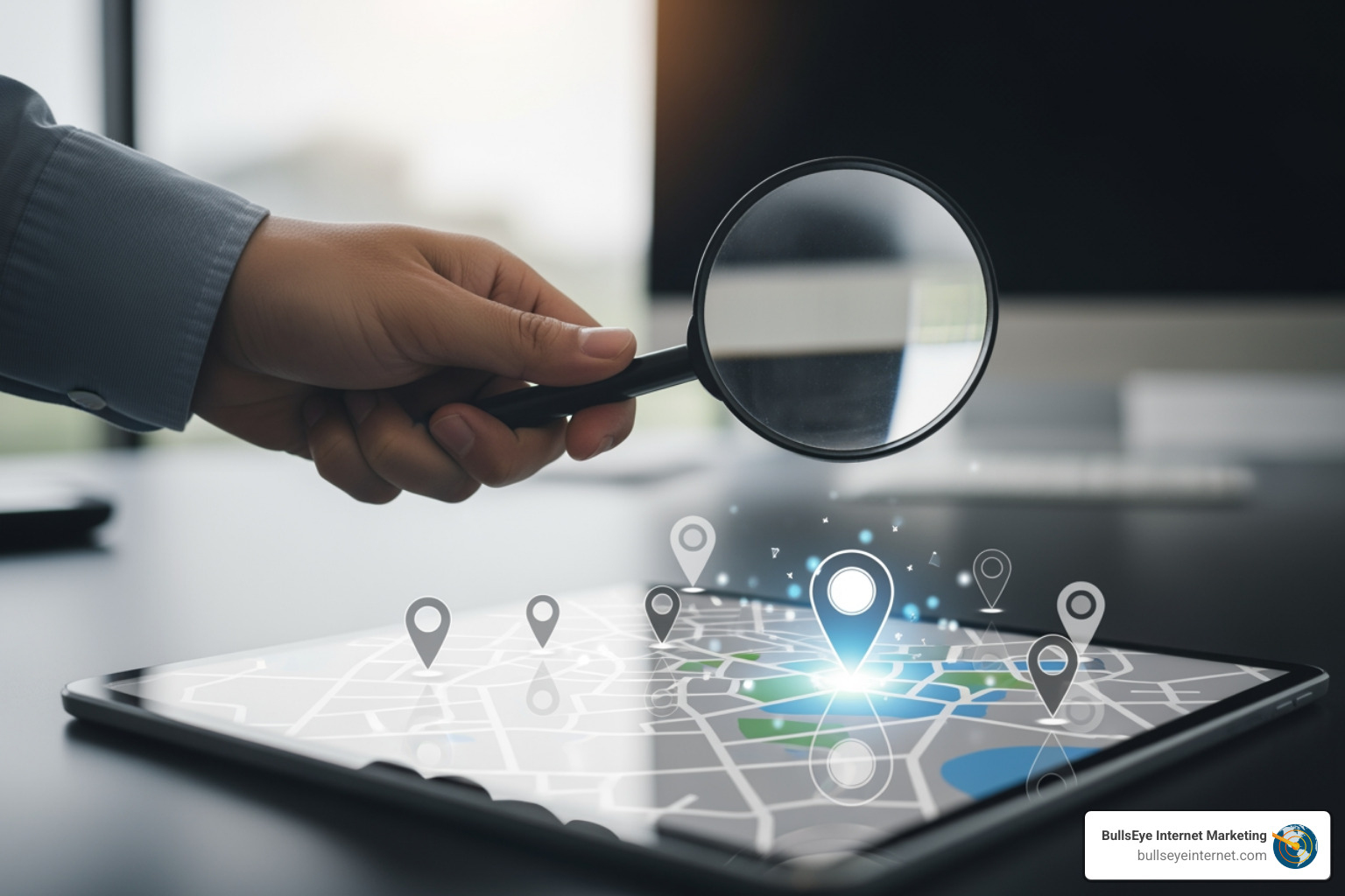 Table comparing the typical features of Free vs. Paid GMB Rank Checkers - free gmb rank checker Hand holding a magnifying glass over a digital map with location markers, symbolizing local SEO and Google Business Profile optimization for Bullseye Internet Marketing.