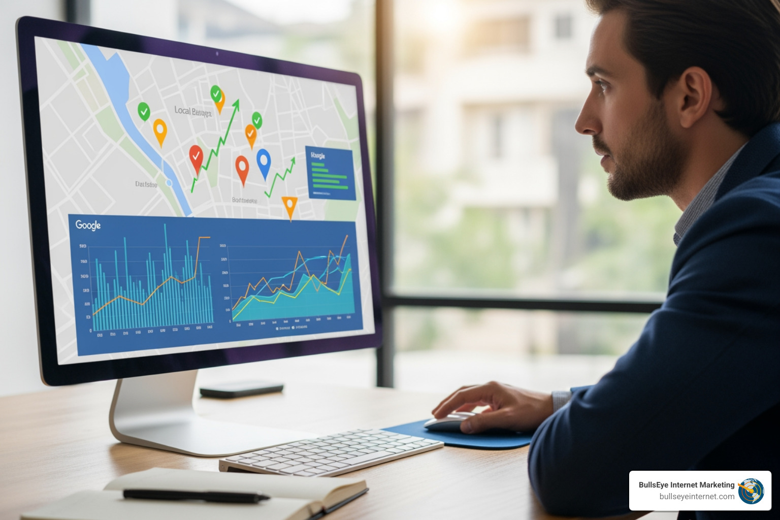 Chart showing a business's GMB rank improving over time - free gmb rank checker Man analyzing Google Business Profile data on a computer screen, featuring a map with location markers and performance graphs, emphasizing local SEO strategies for improved visibility and foot traffic.