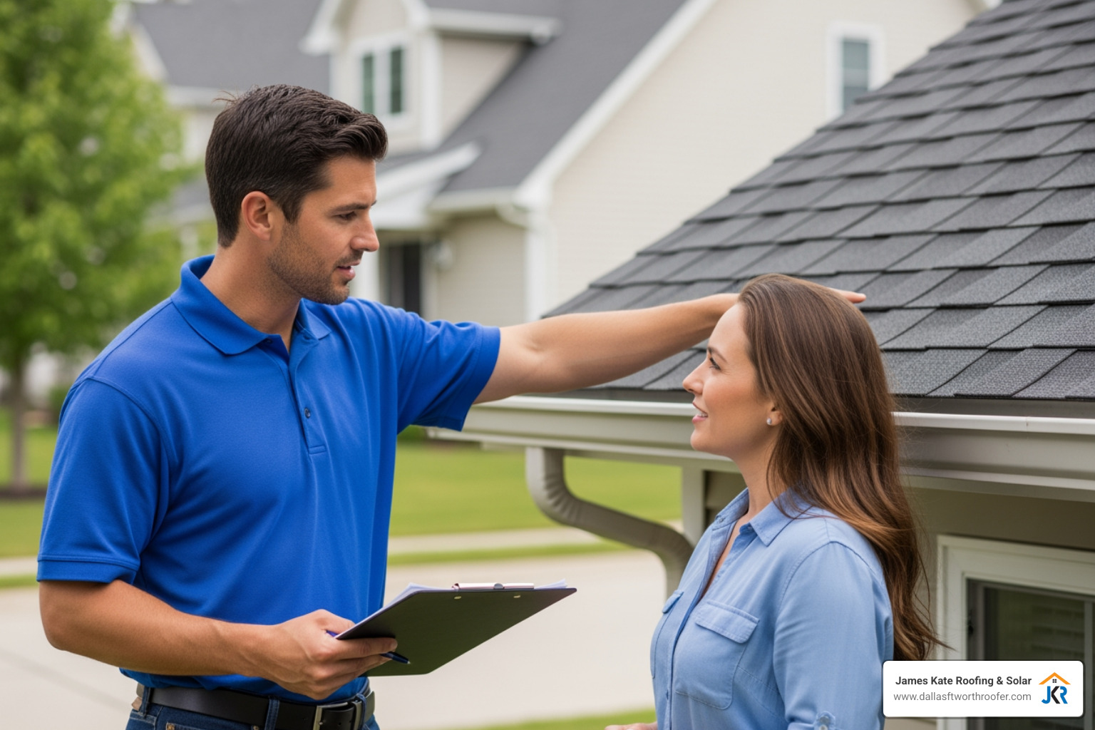 roofing professional in a royal blue James Kate Roofing shirt discussing an estimate with a homeowner - House roof replacement roofing professional in a royal blue James Kate Roofing shirt discussing an estimate with a homeowner - House roof replacement