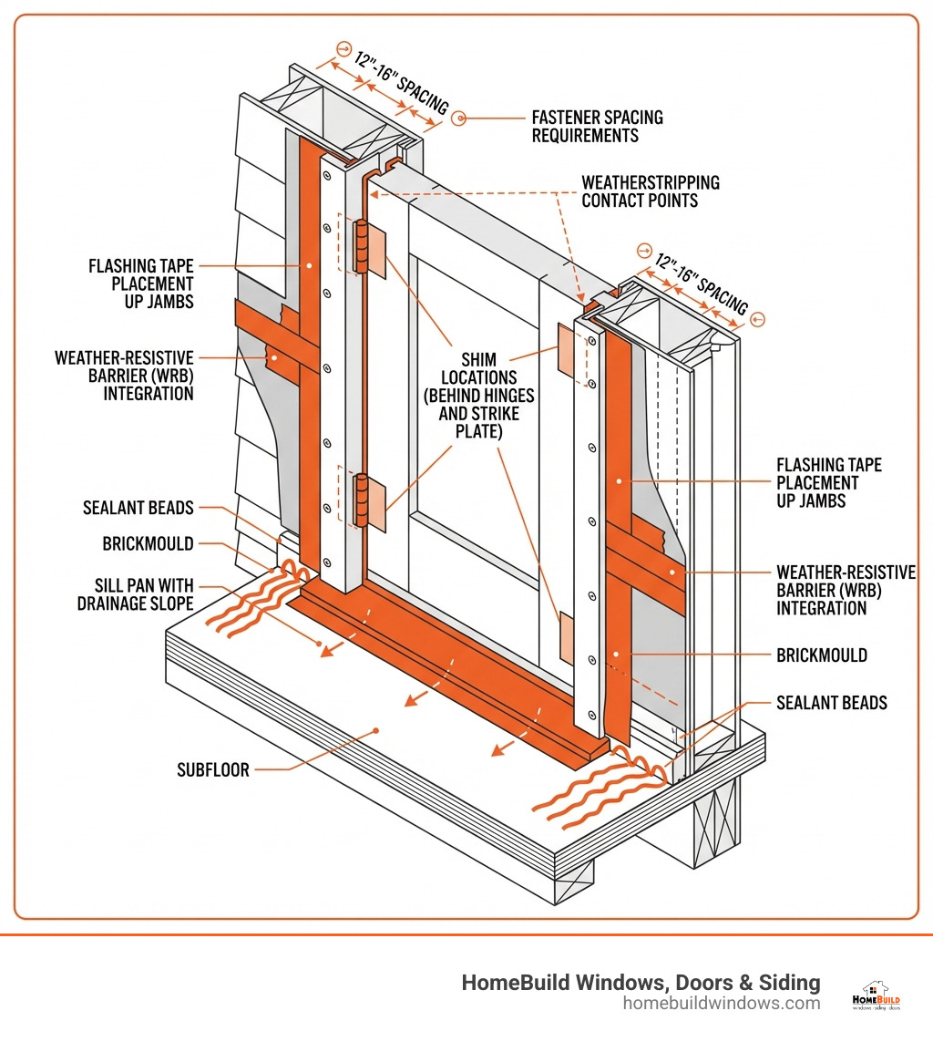 Detailed exterior door installation diagram showing cross-section view with labeled components: sill pan with drainage slope, weather-resistive barrier integration, flashing tape placement up jambs, shim locations behind hinges and strike plate, sealant beads on subfloor and back of brickmould, door frame with proper clearances, weatherstripping contact points, and fastener spacing requirements - exterior door installation diagram infographic Detailed exterior door installation diagram showing cross-section view with labeled components: sill pan with drainage slope, weather-resistive barrier integration, flashing tape placement up jambs, shim locations behind hinges and strike plate, sealant beads on subfloor and back of brickmould, door frame with proper clearances, weatherstripping contact points, and fastener spacing requirements - exterior door installation diagram infographic