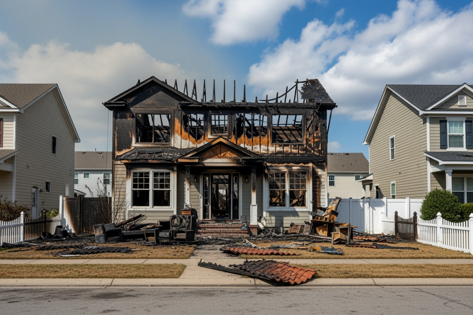 A homeowner safely taking photos of exterior fire damage from a distance - fire damage claim settlement A homeowner safely taking photos of exterior fire damage from a distance - fire damage claim settlement
