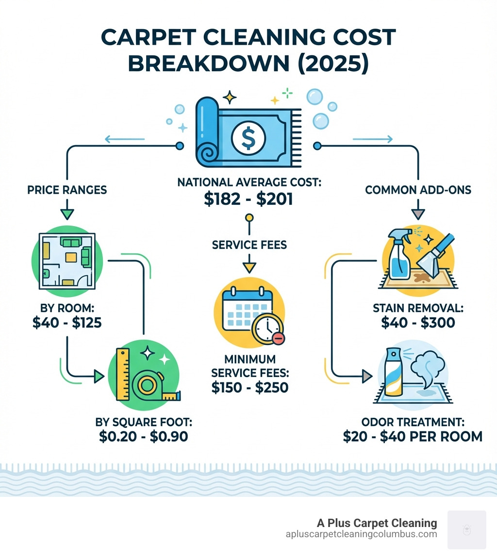 infographic showing carpet cleaning cost breakdown including national average of $182-$201, price ranges by room ($40-$125), by square foot ($0.20-$0.90), minimum service fees ($150-$250), and common add-ons like stain removal ($40-$300) and odor treatment ($20-$40 per room) - carpet cleaning prices infographic infographic showing carpet cleaning cost breakdown including national average of $182-$201, price ranges by room ($40-$125), by square foot ($0.20-$0.90), minimum service fees ($150-$250), and common add-ons like stain removal ($40-$300) and odor treatment ($20-$40 per room) - carpet cleaning prices infographic