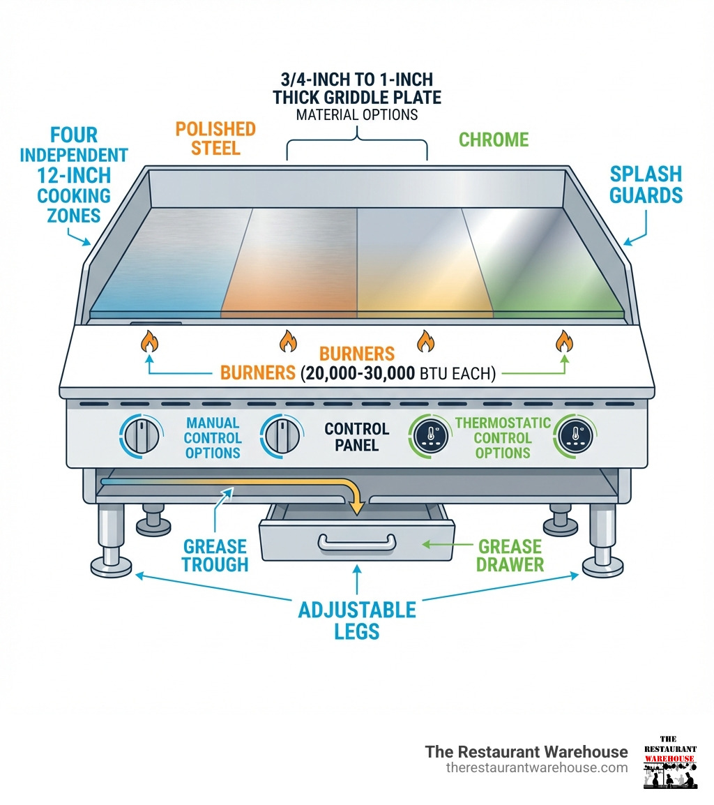 Infographic showing the anatomy of a 48-inch commercial griddle with labeled components: four independent 12-inch cooking zones with burners (20,000-30,000 BTU each), 3/4-inch to 1-inch thick griddle plate material options (polished steel vs chrome), control panel with manual or thermostatic options, grease management system with trough and drawer, adjustable legs, and splash guards - 48 commercial griddle infographic Infographic showing the anatomy of a 48-inch commercial griddle with labeled components: four independent 12-inch cooking zones with burners (20,000-30,000 BTU each), 3/4-inch to 1-inch thick griddle plate material options (polished steel vs chrome), control panel with manual or thermostatic options, grease management system with trough and drawer, adjustable legs, and splash guards - 48 commercial griddle infographic
