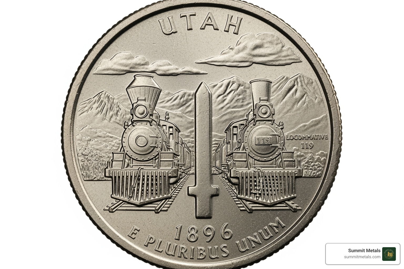 reverse side of a standard 2007 Utah State Quarter showing the two locomotives - gold utah quarter