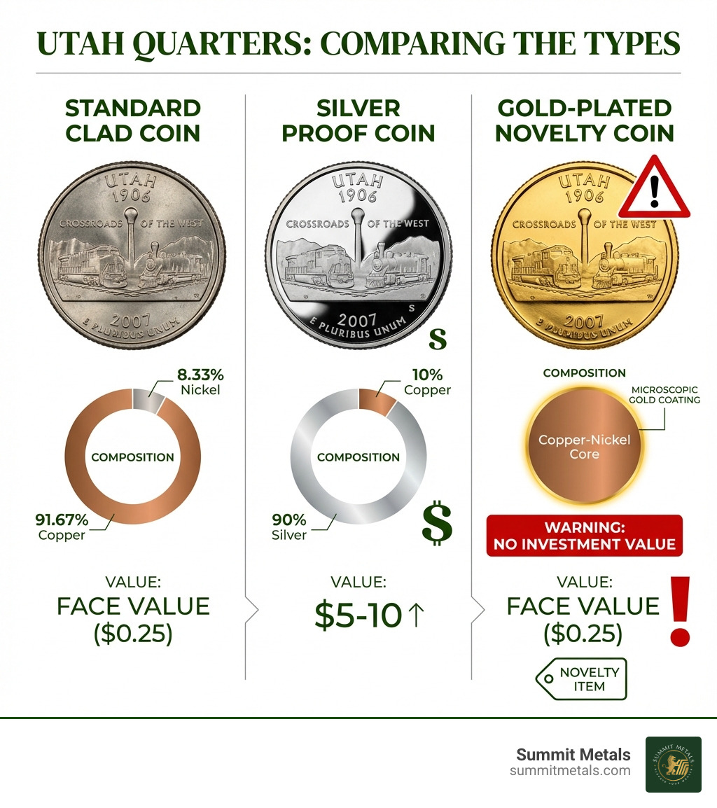 Infographic comparing three types of Utah quarters: standard clad coin showing 91.67% copper and 8.33% nickel composition worth face value, silver proof coin showing 90% silver and 10% copper worth $5-10 with S mint mark, and gold-plated novelty coin showing copper-nickel core with microscopic gold coating worth only face value with warning symbol - gold utah quarter infographic 