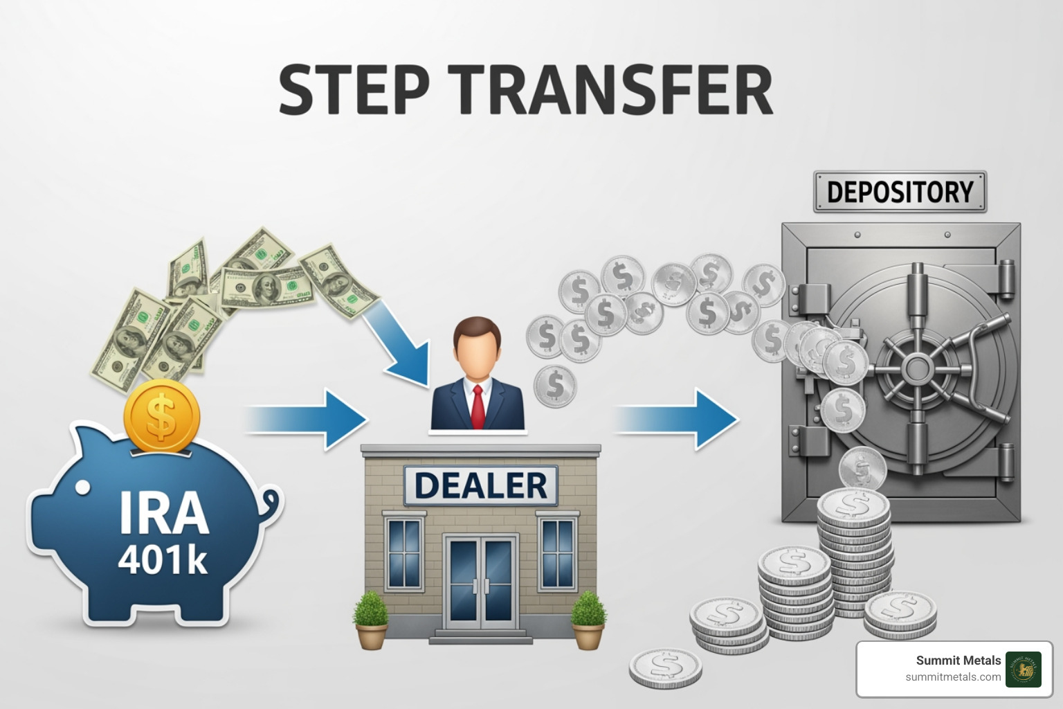 Image illustrating the flow of money from IRA to dealer, and coins from dealer to depository - American Silver Eagle IRA