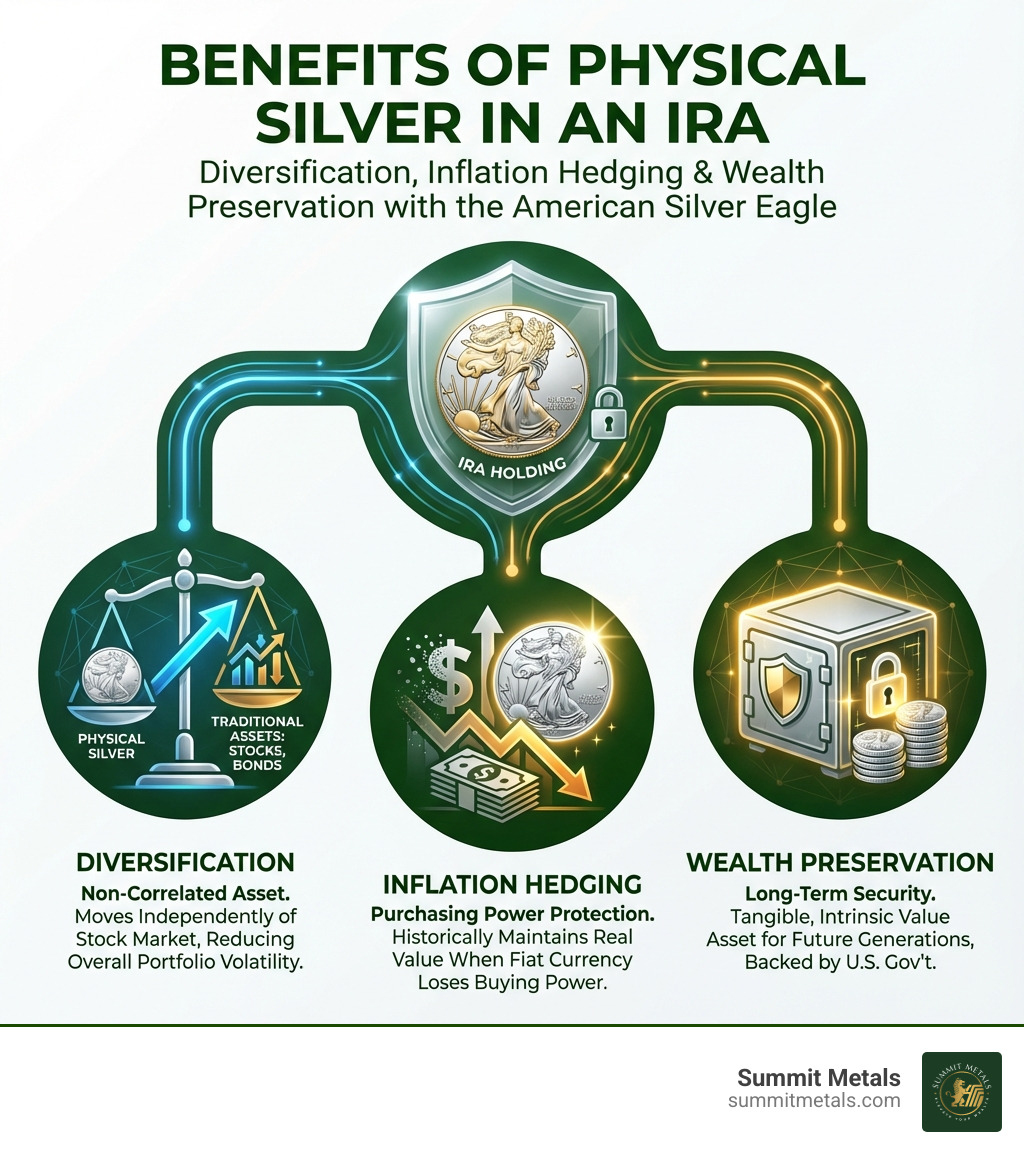 Infographic explaining the key benefits of holding physical silver in an IRA, such as diversification, inflation hedging, and wealth preservation - American Silver Eagle IRA infographic 
