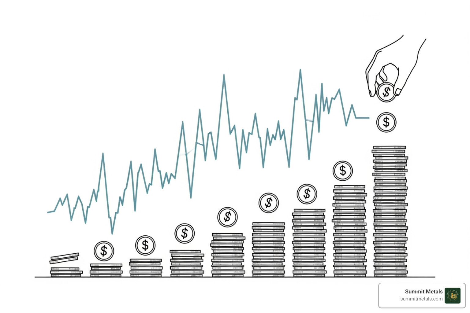Infographic showing dollar-cost averaging, with purchases made consistently over time regardless of price fluctuations - cheapest way to buy silver