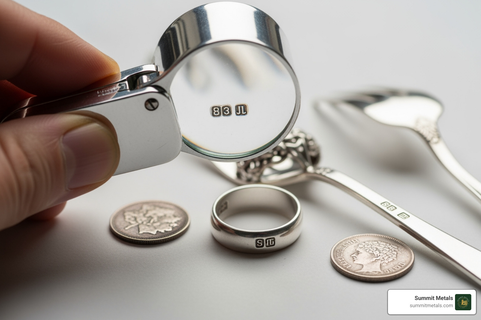 different silver hallmarks being examined with a magnifying glass - buyer of silver