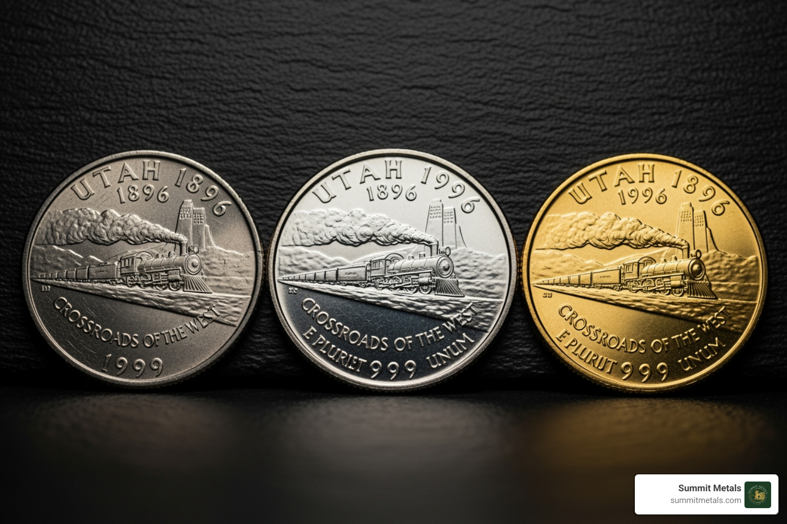 three Utah quarters side-by-side: a standard clad coin, a silver proof coin, and a gold-plated coin - gold utah quarter