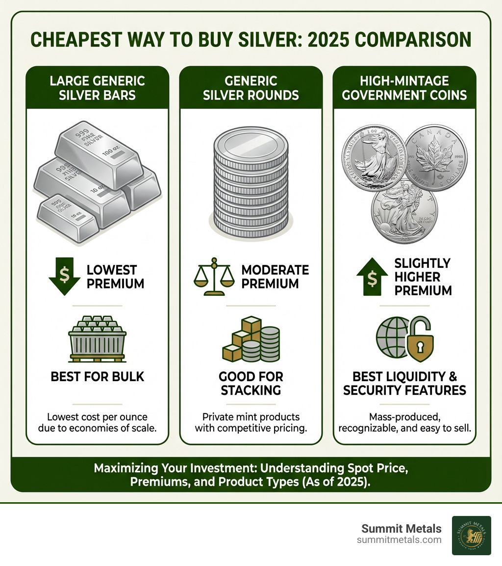 infographic showing three columns comparing large generic silver bars (lowest premium, best for bulk), generic silver rounds (moderate premium, good for stacking), and high-mintage government coins (slightly higher premium, best liquidity and security features) - cheapest way to buy silver infographic 