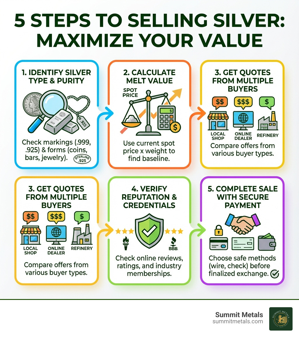Infographic showing 5 steps to selling silver: 1. Identify your silver type and purity, 2. Calculate melt value using current spot price, 3. Get quotes from multiple buyers, 4. Verify buyer reputation and credentials, 5. Complete sale with secure payment method - buyer of silver infographic 