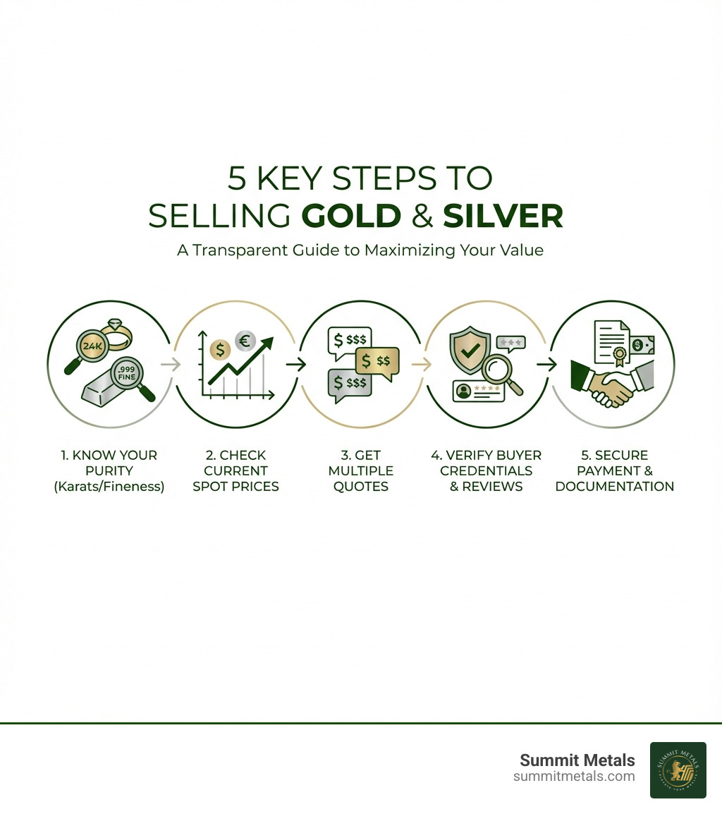 infographic showing 5 key steps to selling gold and silver: 1. Know your purity (karats for gold, fineness for silver), 2. Check current spot prices, 3. Get multiple quotes, 4. Verify buyer credentials and reviews, 5. Secure payment and documentation - we buy silver and gold infographic 