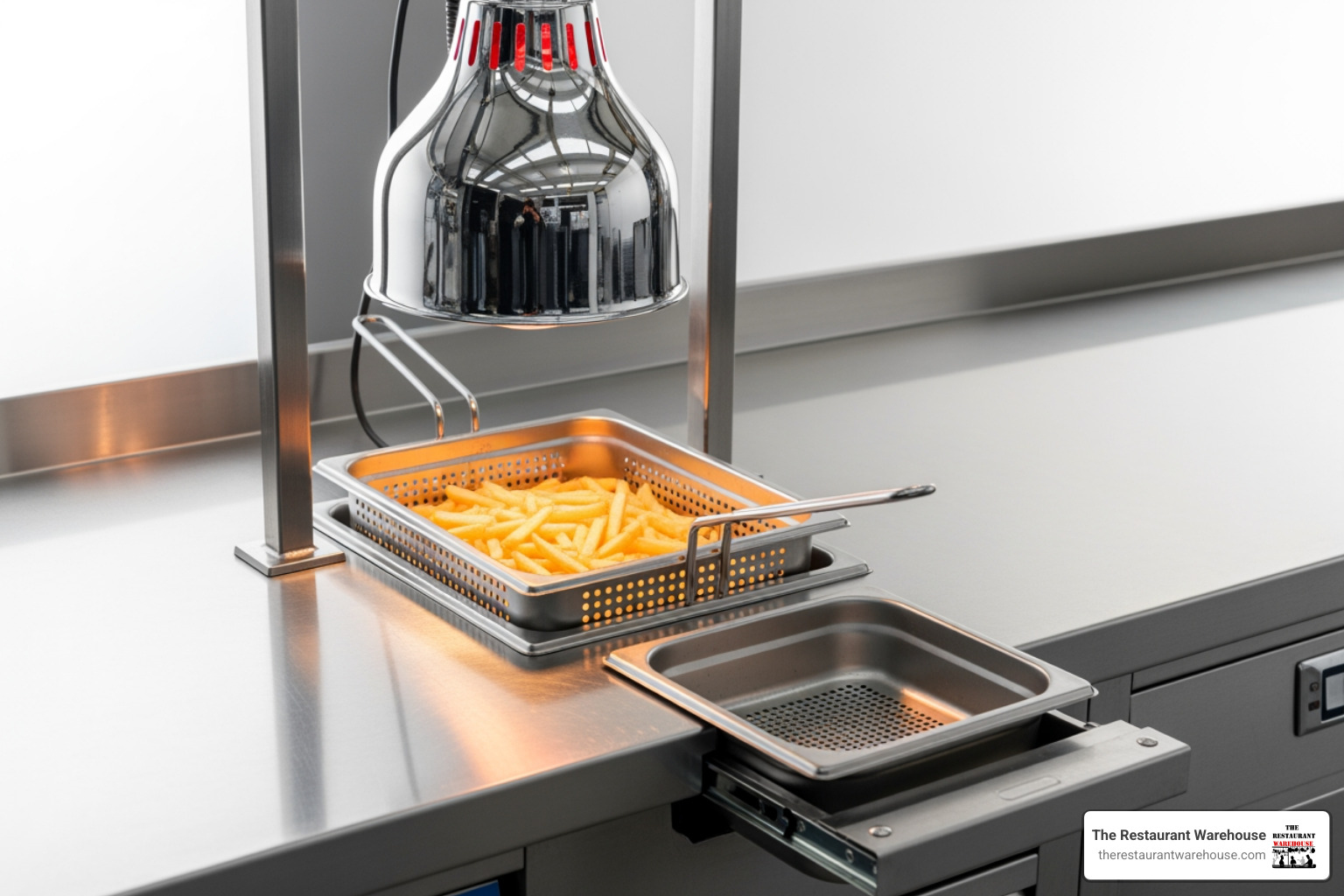 A countertop fry dump station with callouts pointing to the heat lamp, perforated pan, and grease collector - fry dump stations