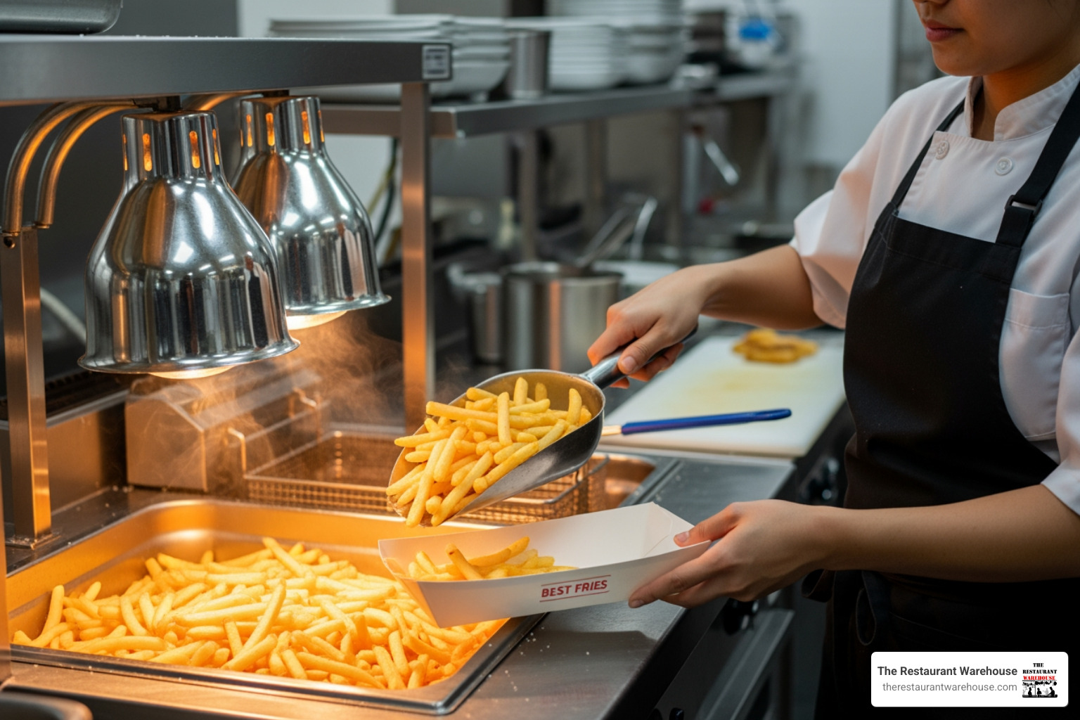 A kitchen staff member scooping fries from a dump station into a serving container - fry dump stations
