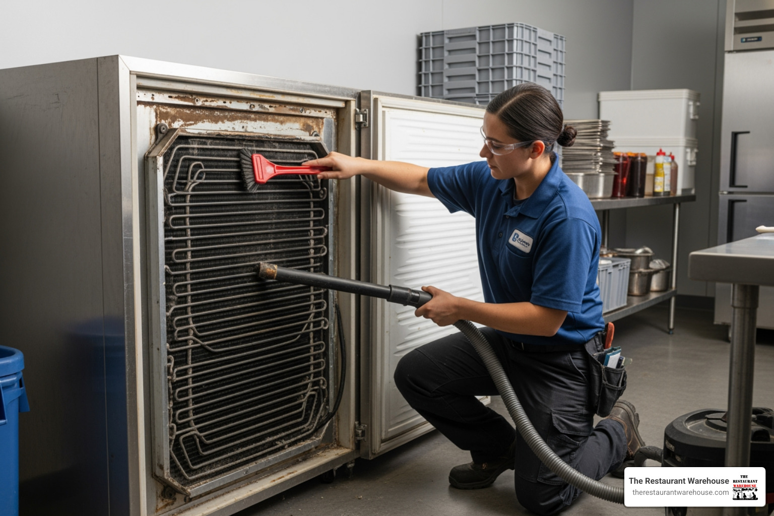 service technician cleaning the condenser coils on the back of a chest freezer - chest freezer commercial grade