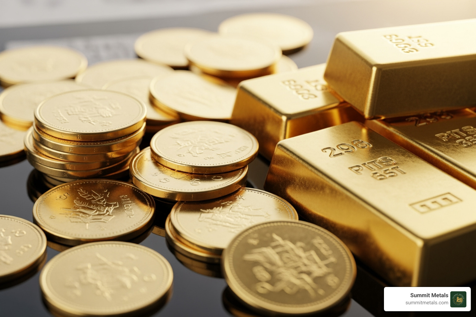 Image showing the different forms of gold investment: a gold coin, a gold bar, an ETF certificate on a screen, and a mining operation in the background - is gold good investment