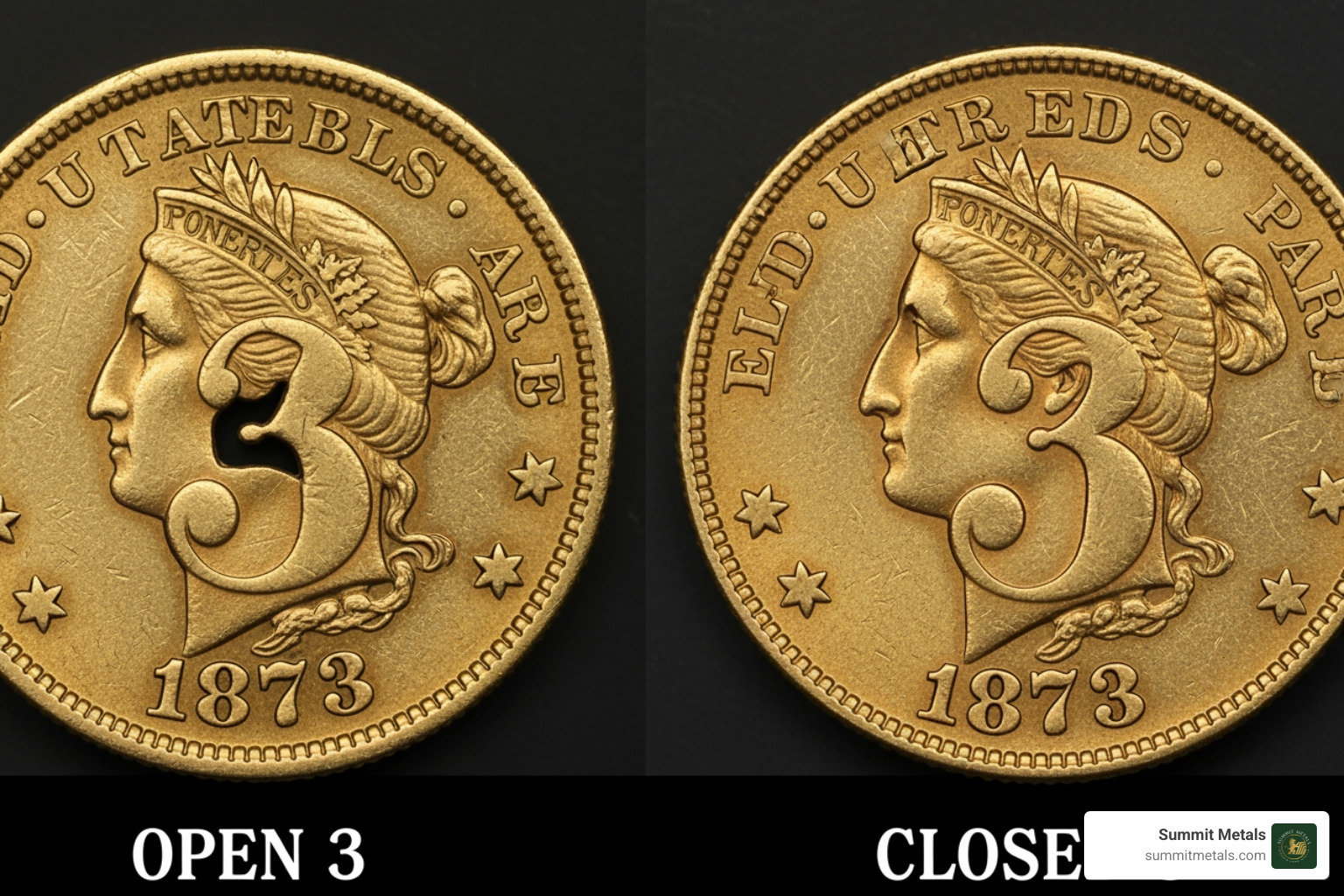 Side-by-side comparison of the 'Open 3' and 'Closed 3' varieties of the 1873 Quarter Eagle - 1873 quarter eagle