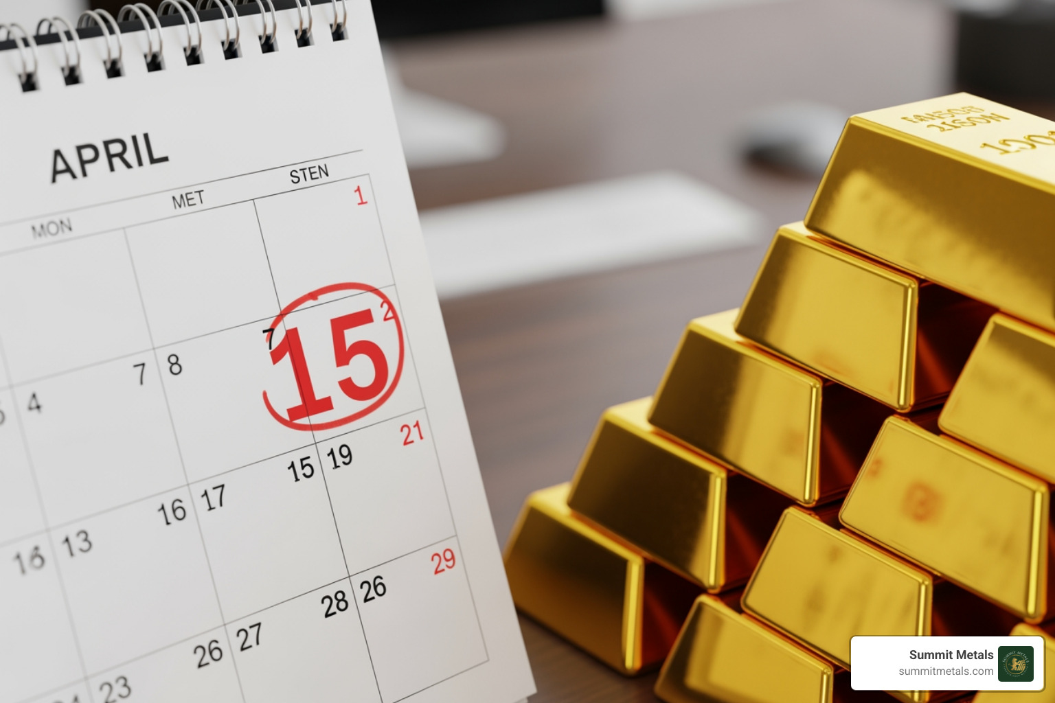 Calendar with tax day circled next to gold bars - Gold IRA rules