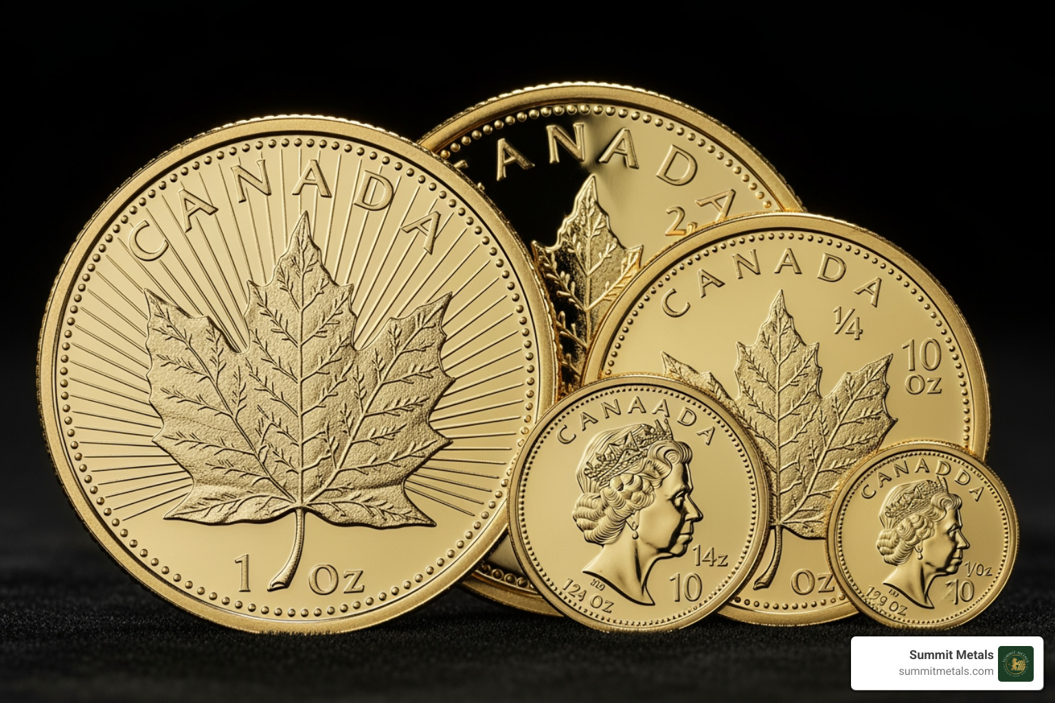 Gold Maple Leaf and other Canadian gold coins side-by-side - 1 oz canadian maple leaf gold coin in grams