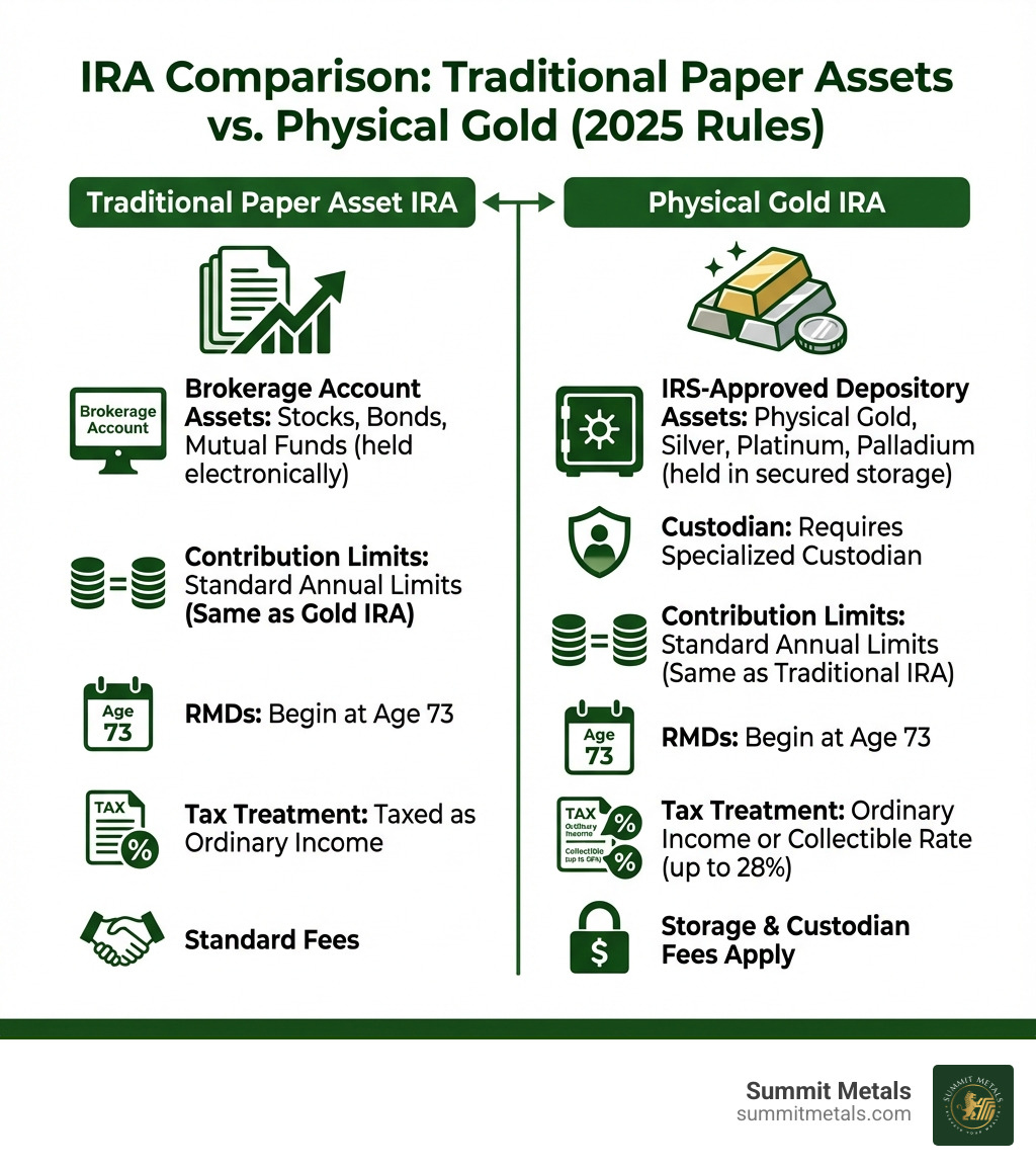 Infographic comparing Traditional Paper Asset IRA (stocks, bonds, mutual funds held electronically by brokerage, standard contribution limits, RMDs at 73, taxed as ordinary income) versus Physical Gold IRA (physical gold, silver, platinum, palladium held in IRS-approved depository, requires specialized custodian, same contribution limits, RMDs at 73, taxed as ordinary income or collectible rate up to 28%, storage and custodian fees apply) - Gold IRA rules infographic 