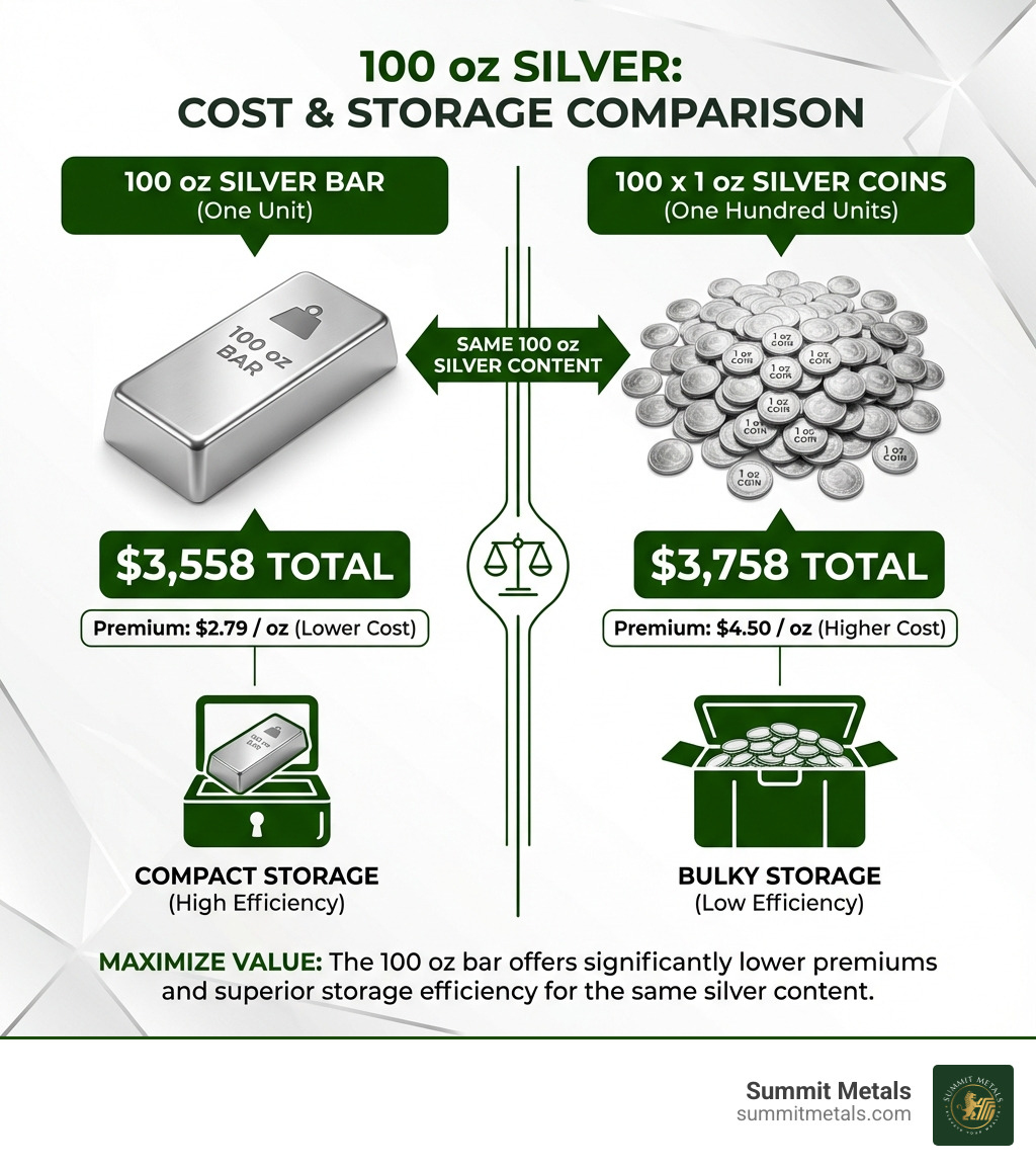 Infographic showing cost breakdown: 100 oz bar at $2.79/oz premium = $3,558 total vs. 1 oz coins at $4.50/oz premium = $3,758 for same silver content, plus storage space comparison showing one 100 oz bar versus one hundred 1 oz coins - 100 oz silver infographic 