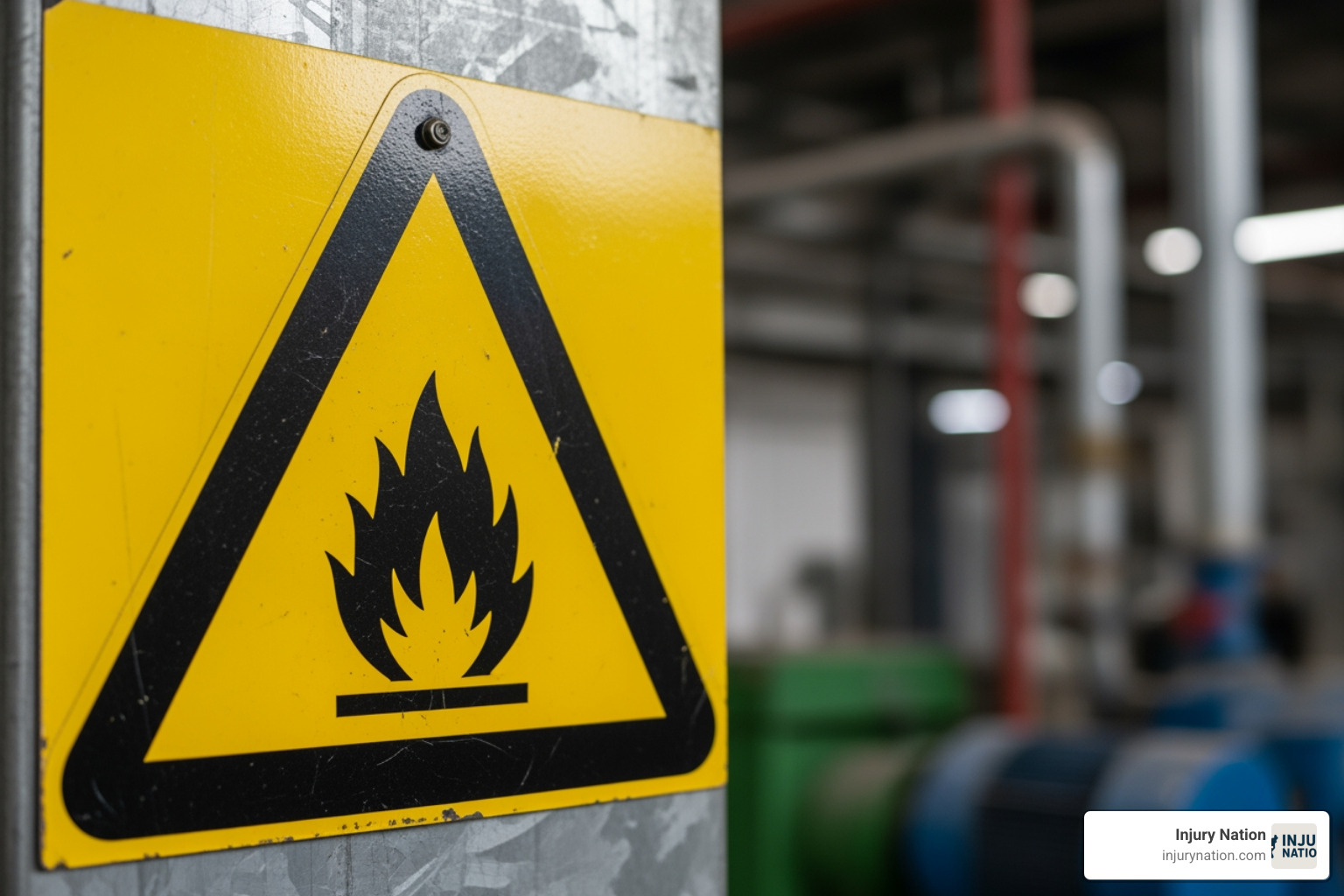 Workplace safety sign for flammable materials - burn compensation claim