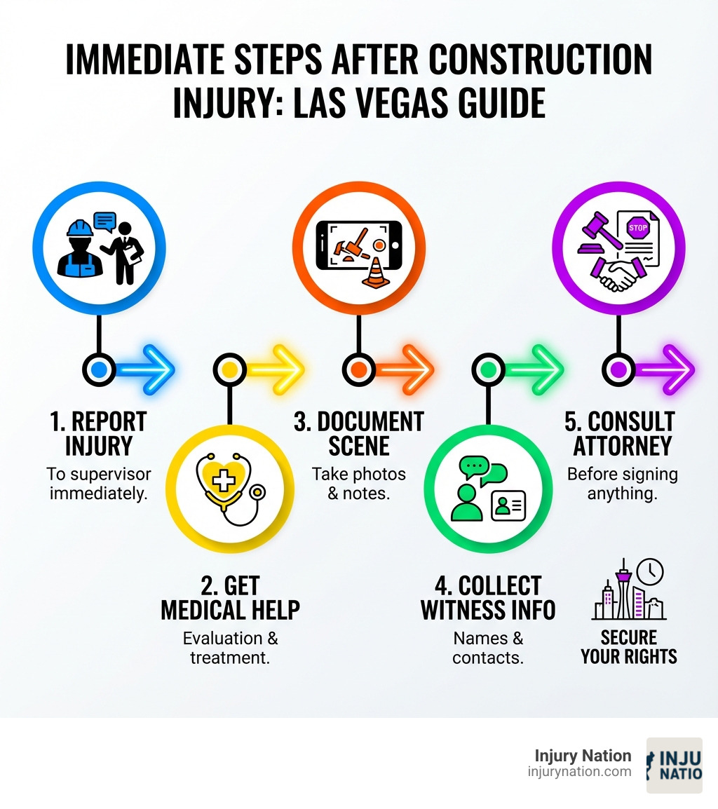 Infographic showing 5 immediate steps after construction injury: 1. Report injury to supervisor immediately 2. Get medical evaluation and treatment 3. Document the accident scene with photos 4. Collect witness contact information 5. Consult with a construction accident attorney before signing any documents - Las Vegas construction accident infographic 