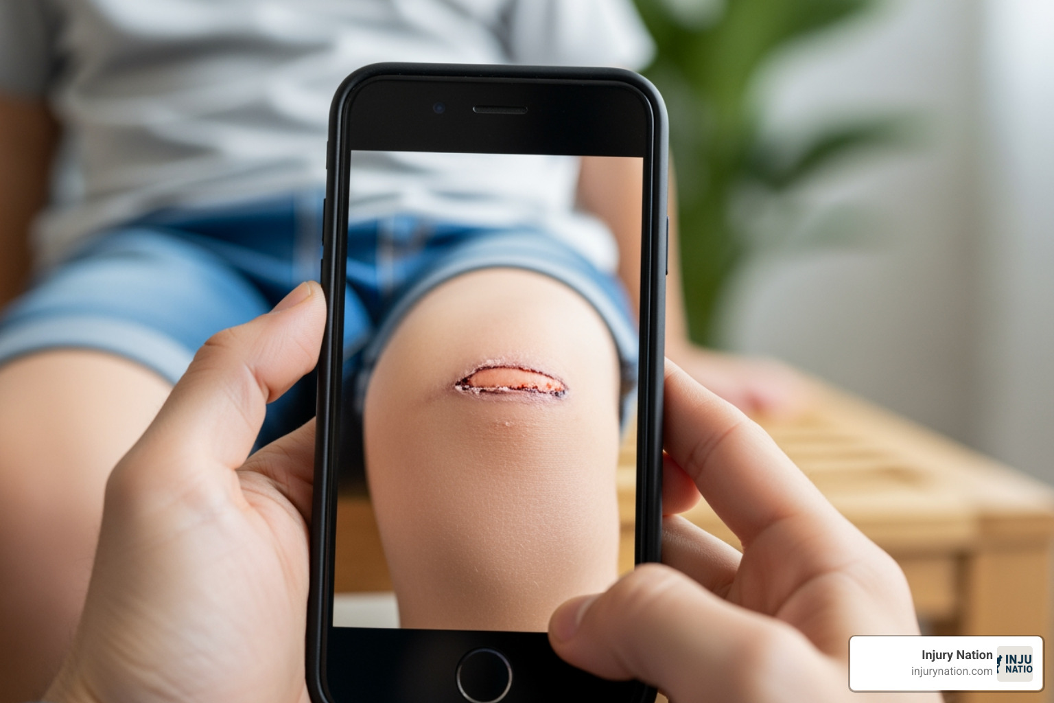 parent taking a photo of a child's scraped knee with a smartphone - Daycare injury lawyer