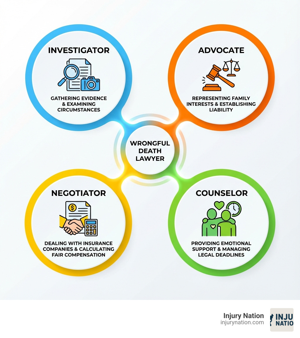 Infographic showing the four key roles of a wrongful death lawyer: Investigator (gathering evidence and examining circumstances), Advocate (representing family interests and establishing liability), Negotiator (dealing with insurance companies and calculating fair compensation), and Counselor (providing emotional support and managing legal deadlines) - how can a wrongful death lawyer help infographic 