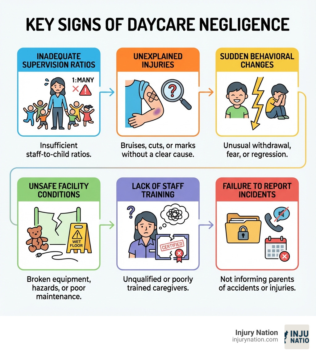Infographic showing key signs of daycare negligence including inadequate supervision ratios, unexplained injuries on child, sudden behavioral changes, unsafe facility conditions, lack of staff training, and failure to report incidents to parents - Daycare injury lawyer infographic 