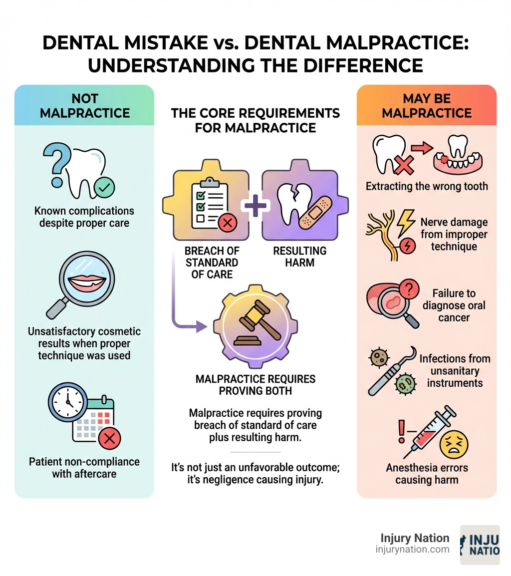 Infographic showing the difference between a dental mistake and dental malpractice: Left side shows "Not Malpractice" including known complications despite proper care, unsatisfactory cosmetic results when proper technique was used, and patient non-compliance with aftercare. Right side shows "May Be Malpractice" including extracting the wrong tooth, nerve damage from improper technique, failure to diagnose oral cancer, infections from unsanitary instruments, and anesthesia errors causing harm. Center emphasizes that malpractice requires proving breach of standard of care plus resulting harm. - What is dental malpractice infographic 