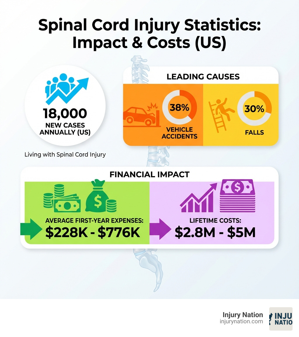 infographic showing spinal cord injury statistics including 18,000 new cases annually in the US, 38% caused by vehicle accidents, 30% by falls, with lifetime costs ranging from $2.8M to $5M, and average first-year expenses of $228K to $776K - Spinal cord accident claim infographic 