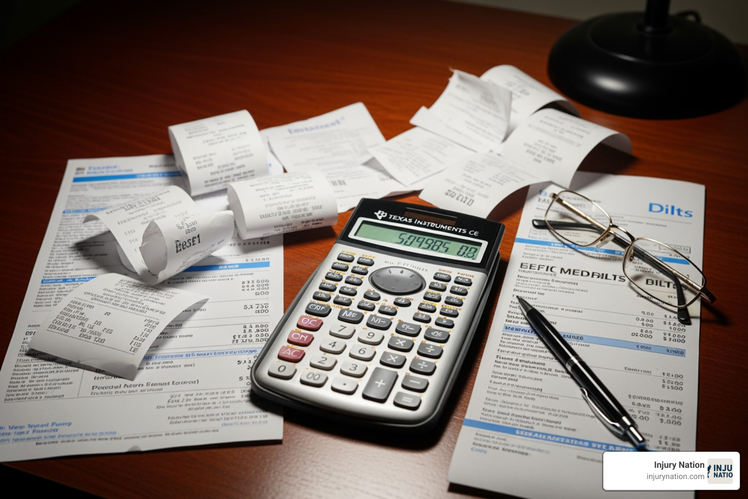 Calculator with receipts and medical bills - burn compensation claim