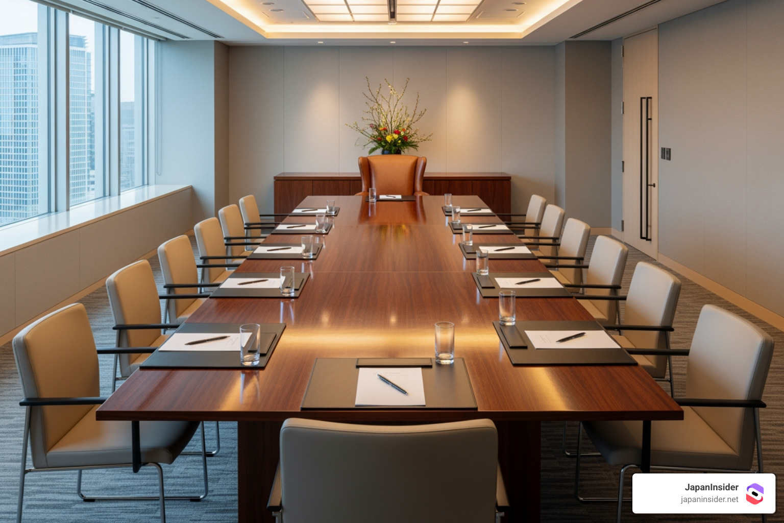 formal meeting room showing kamiza and shimoza seating arrangement - Japanese business etiquette guide
