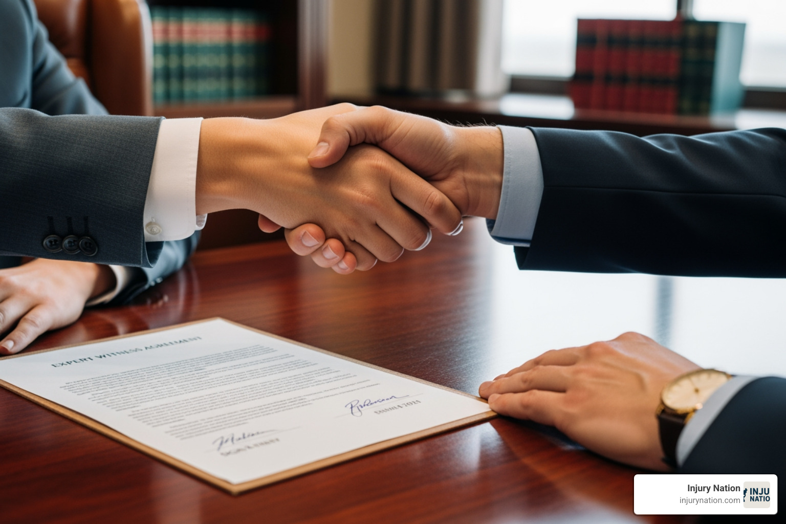 Attorney and expert witness shaking hands over a signed contract - Expert witness fees
