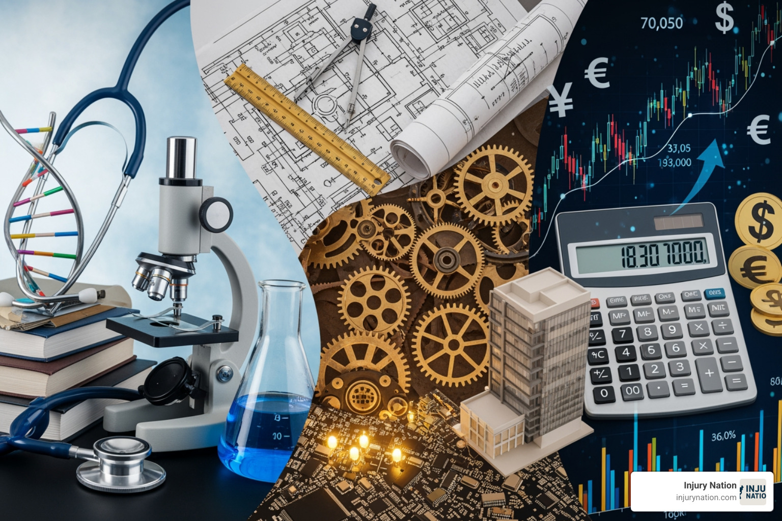 Collage representing different expert fields like medicine, engineering, and finance - Expert witness fees