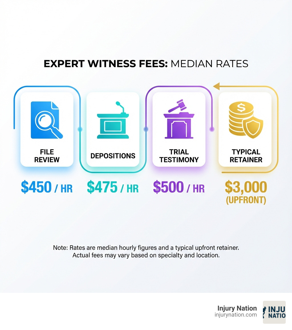 Infographic showing median hourly rates: File Review $450, Depositions $475, Trial Testimony $500, with a typical retainer of $3,000 - Expert witness fees infographic 
