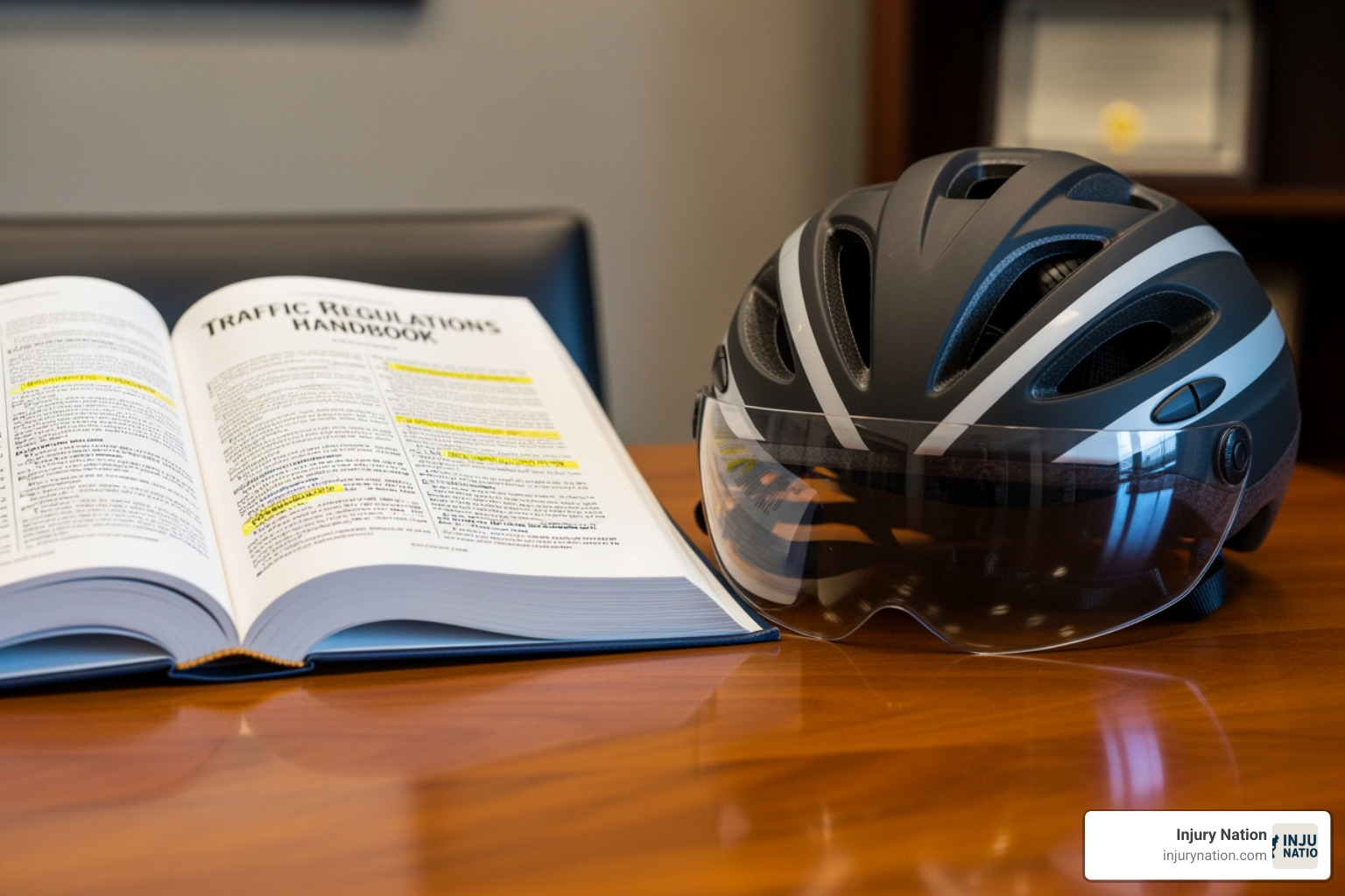 law book open to a page about traffic regulations next to a bicycle helmet - E-bike accident lawyer